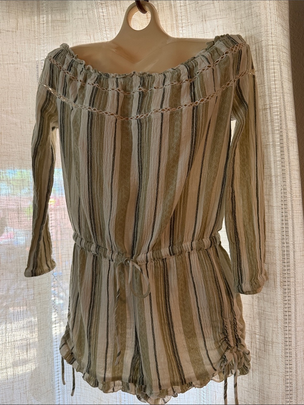 Roxy Olive & Cream Striped Off-Shoulder Romper
